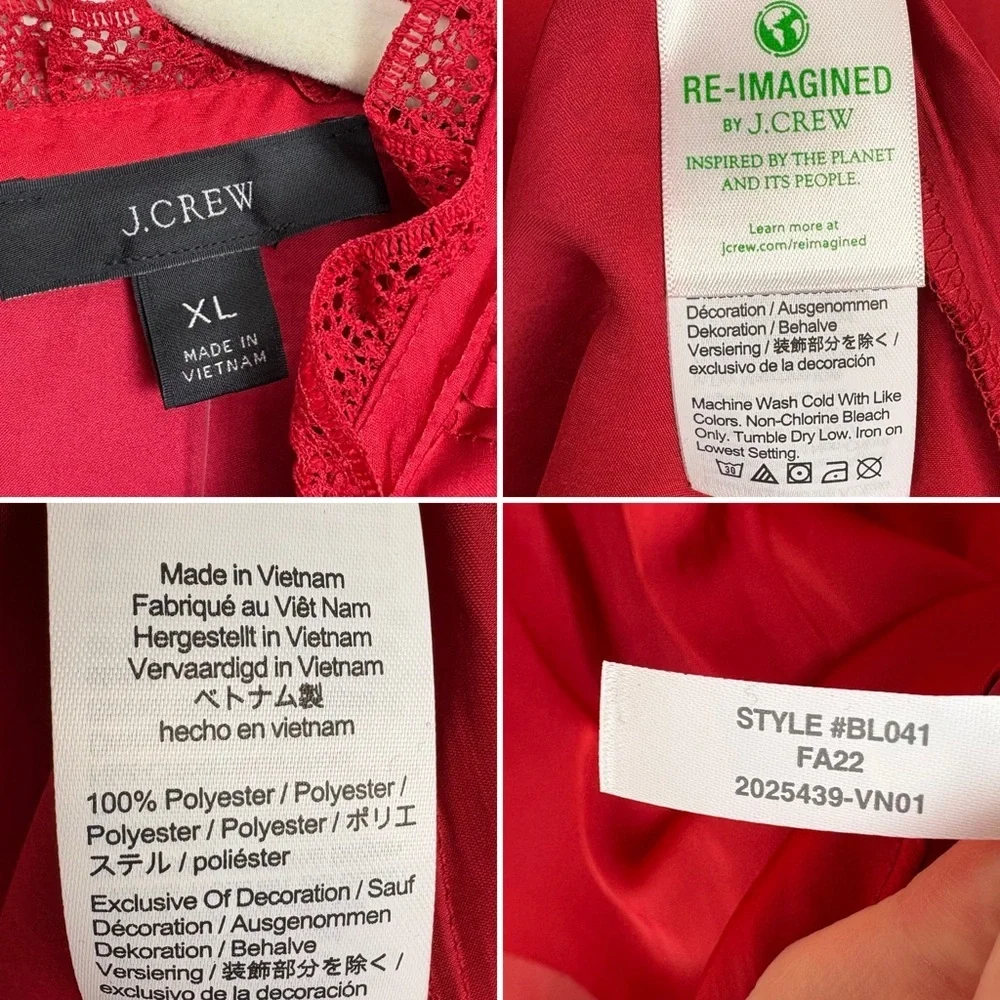 J. Crew Ruffle Neck Drapey Top NWT Size XL Red Satin Puff Sleeves Holidays Party